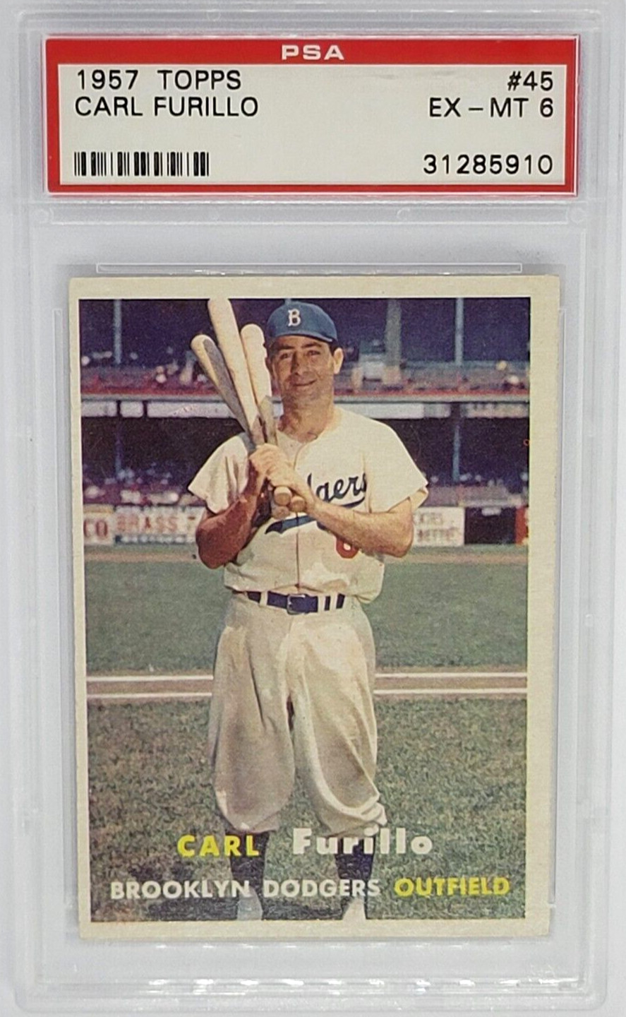 1957 Topps #45 Carl Furillo Card - Graded PSA 6 EX-MT, Brooklyn Dodgers