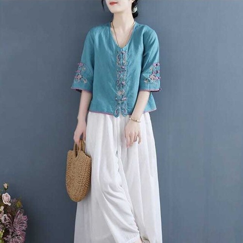 Chinois Ethnique Haut Broderie Chemise Coton Thé Vêtements Bouton Gilet Manteau - Foto 17 di 17