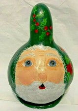 Gourd Hand Painted Green with Santa Face and Holly Berries  Leaves