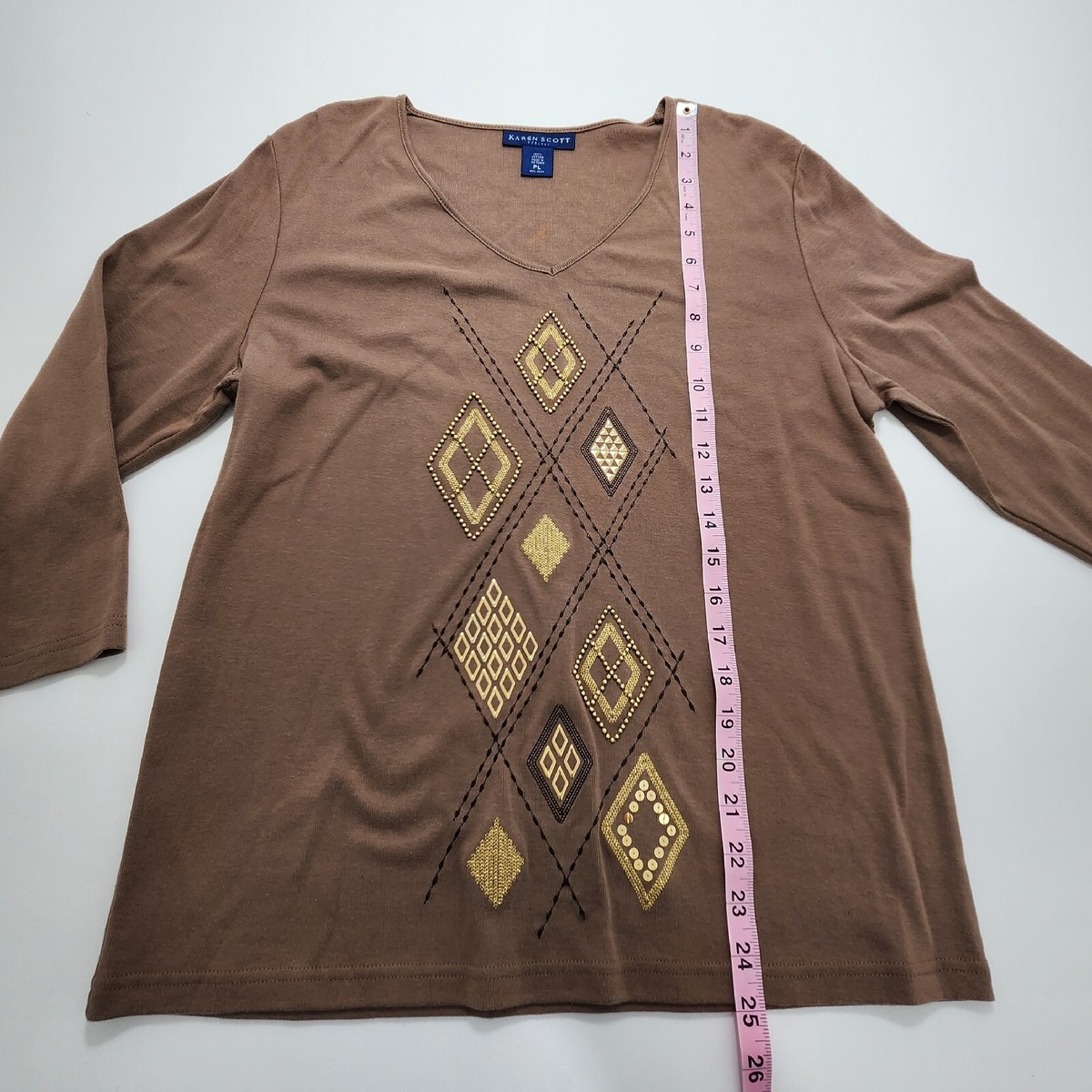 Karen Scott Brown Cotton Beaded V-Neck 3/4 Sleeve Pullover Shirt