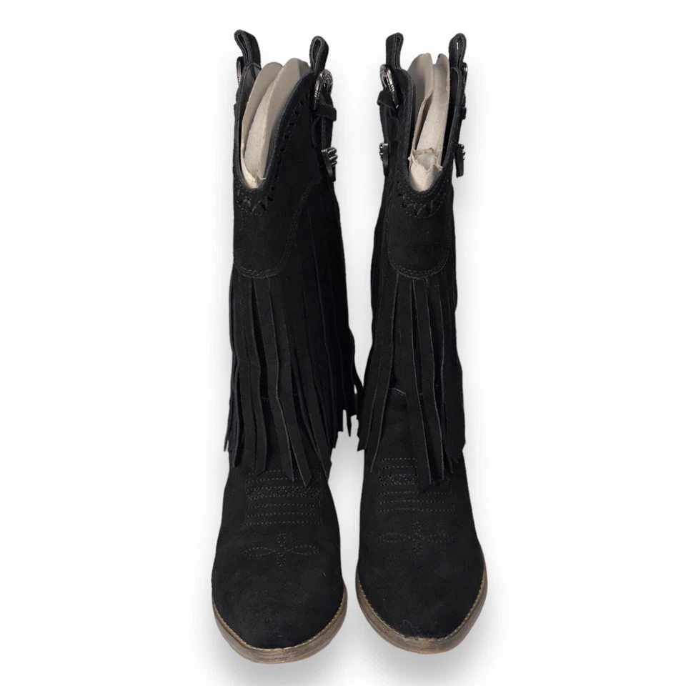 Botas vaqueras occidentales con flecos en la ladera muy volátiles gamuza negra para mujer 7,5 Foto 2 de 4