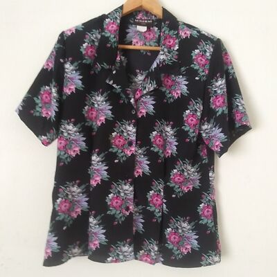 Vintage 80s Notations Dark Floral Blouse, 12P, Short Sleeve, Black and Pink, USA