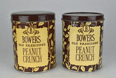 TWO Vintage Bowers Old Fashioned Peanut Crunch Candy Tins 16 & 14 oz