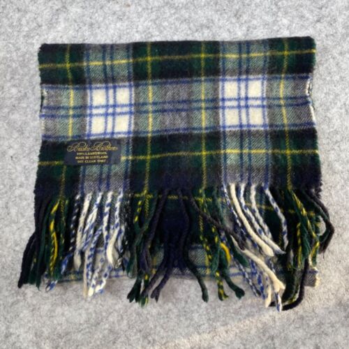 Brooks Brothers 100% Lambswool Green Navy Plaid Scarf Made In Scotland