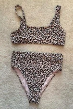 Xhilaration Women's Leopard Bikini Swim Top Cheeky High Leg Waist Bottoms Medium