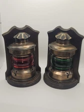 Vintage ENESCO GREEN RED GLASS WOOD BOOKENDS LANTERN Nautical Ships