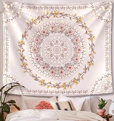  Bohemian Tapestry Wall Hanging, Mandala Floral Medallion Small（50''×60''） White