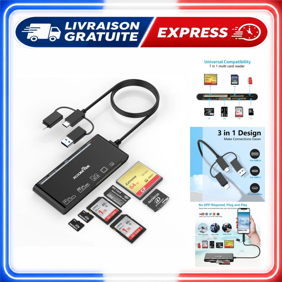 Lecteur de cartes multiples Rocketek 7 en 1 USB-C Lightning SD CF - Photo 1/4