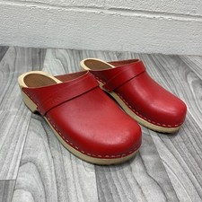 Swedish Hasbeens Leather Clogs Womens 37 Mule Slip On Classic Wood Sole Shoes