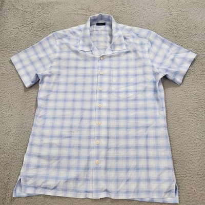 Proper Cloth Shirt Mens 17.5 Light Blue Tonal Pique Check Loop Collar Camp