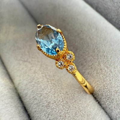 925 Sterling Silber Ring 6x4mm Natur Blautopas Zirkon Edelstein Handarbeit Geschenk