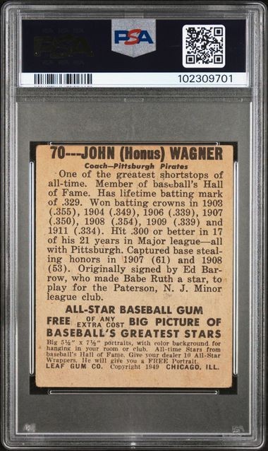 1948 Leaf #70 HONUS WAGNER - PSA 1 - Pirates HOF Tobacco Legend Dipping Manager view 2