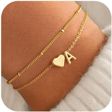 Initial Bracelet - Dainty 14K Gold Plated Heart Initial Letter A-Z Bracelets for