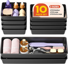 10 Pack Large Size Plastic Drawer Organizers Set, 3 Sizes Desk Drawer Organizer