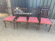 Spindle Back Dining Chairs x 4 Brown Wooden Red Fabric Seats Vintage Retro