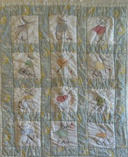 Vintage Handmade Baby Crib Quilt Hand Embroidered and Pieced Little Boy Pattern
