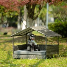 PE Wicker Dog Bed w/ Canopy  Outdoor Pet Patio Furniture  Weatherproof Enclosure