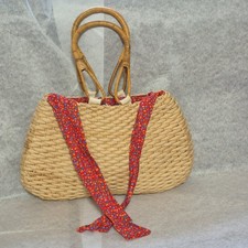 Boho Vintage Woven Straw Bag with Red Ditsy Floral Lining Bamboo Handles