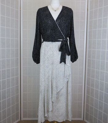 Fenn Wright Manson Ninette Wrap Dress Size 16 Petite Black White Spot Print Long