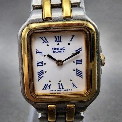 Seiko Tank Watch Women 19mm White Dial Two Tone Rectangle 4n00