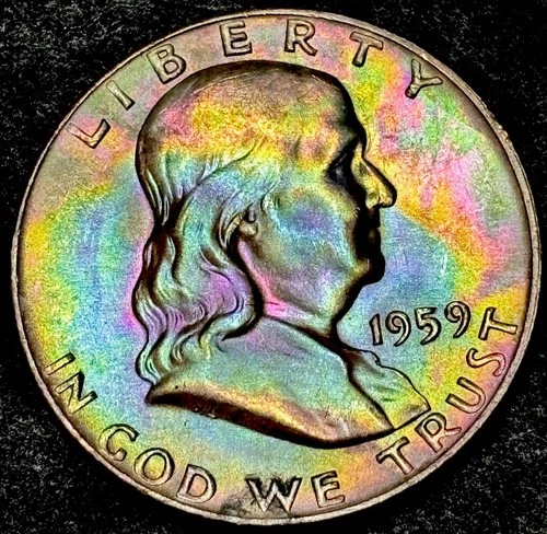 1959 Franklin Half Dollar- Crazy Rainbow Toning. GEM BU FBL!!!