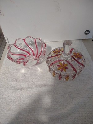 Vintage Pink And Clear Cany Dish And Peppermint Bowl