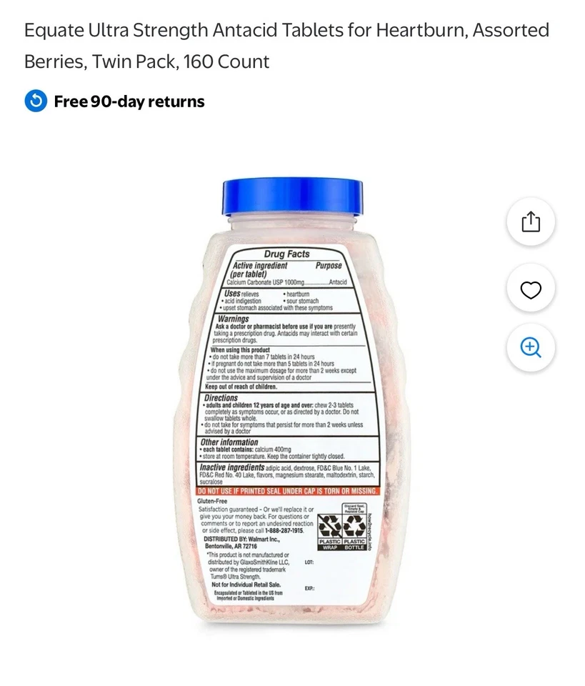 Pacote econômico 2 x comprimidos mastigáveis antiácidos Equate Ultra Strength frutas tropicais 160 - Imagem 2 de 4