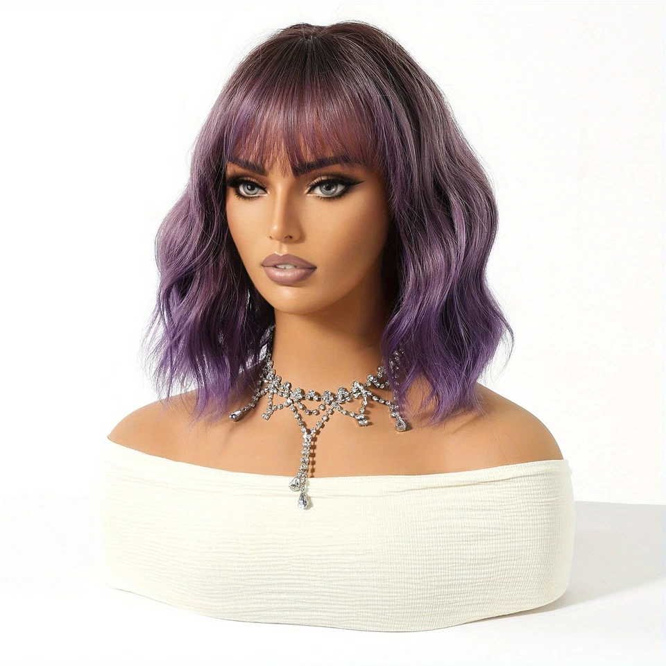 Парик 12 дюймов Ombre фиолетовый короткий кудрявый парик синтетические волосы парик термостойкий парик Bob ежедневно - Изображение 2 из 4