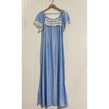 VTG Nylon Baby Blue Tricot Coquette Balletcore Nightgown L Lace Trim Bow Maxi