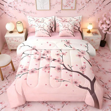 Cherry Blossoms Full Size Comforter Set, Girl Pink Floral 7-Piece Bed in a Bag,