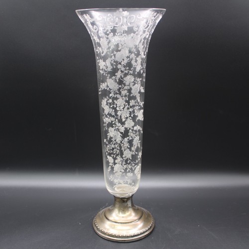 Vintage 12" Cambridge Chantilly geätzte Kristall Trompetenvase gewichteter Sterling Fuß - Bild 3 von 13