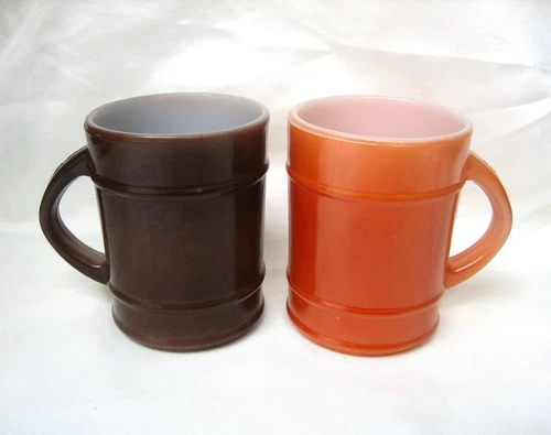 2 Vintage Anchor Hocking Fire King Barrel D-Handled Coffee Mugs