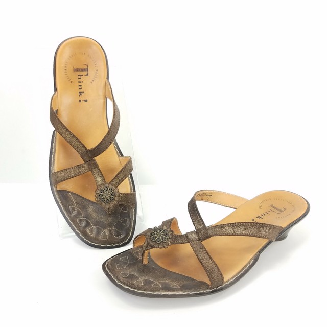 Think! 86761 Julia Womens Sz 39 7.5 Brown Leather Thong Sandals Shoes
