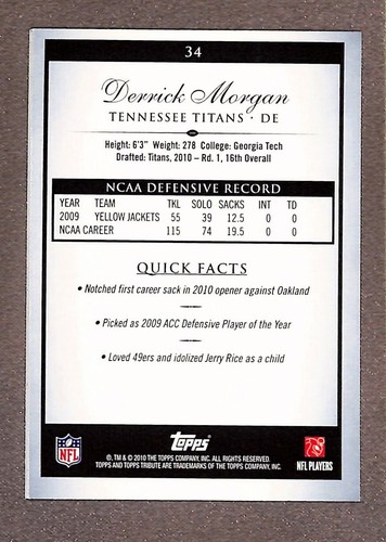 2010 Topps Tribute Green Rainbow #34 Derrick Morgan /50 Rookie - Picture 2 of 3