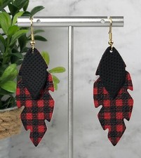 Faux Vegan Leather Red  Black Buffalo Plaid Feather Earrings Checkered Leaf