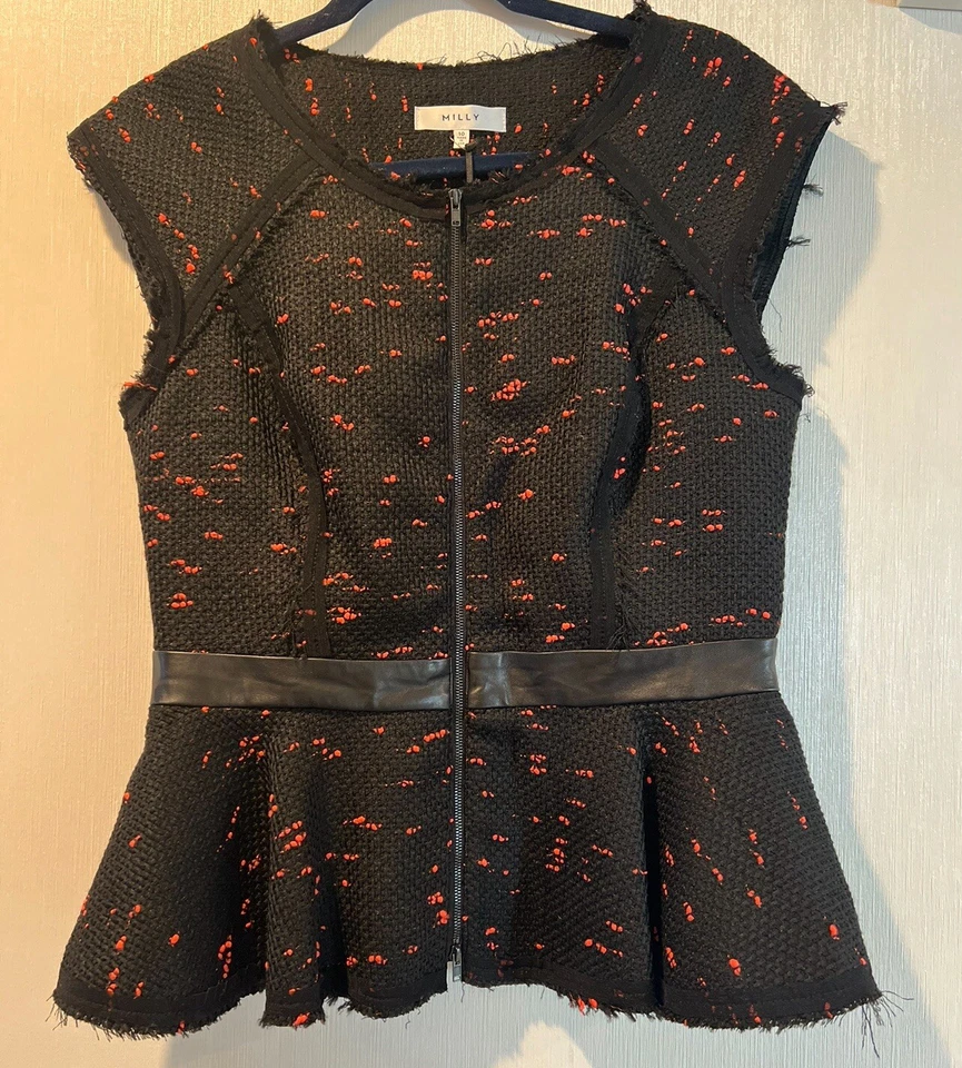 MILLY кожаная отделка крапинками Твид без рукавов пеплум Топ куртка черный размер 10 - новый с ярлыками! - Изображение 3 из 4