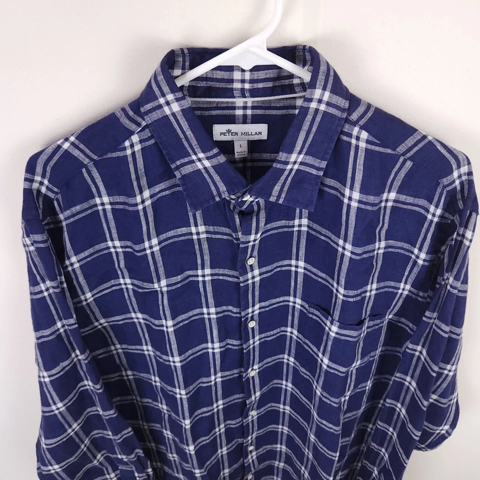 Peter Millar Shirt Men's Large Blue White Plaid Linen Button Up Long Sleeve - Image 3 of 4