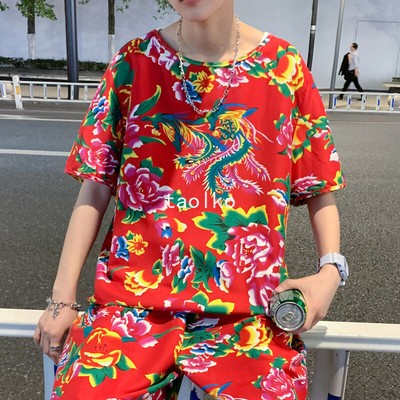 Chinese Dongbei Style Mens Summer Floral Top Shorts Pants Hawaii Beach Shirt 5XL