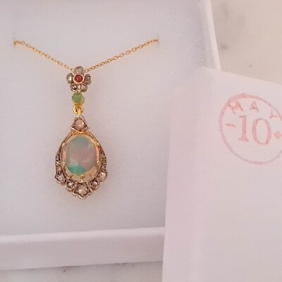 Gepunzt 14kt vergoldet Opal & Multi Edelstein Halskette (Diamanten, Rubin & Smaragd)