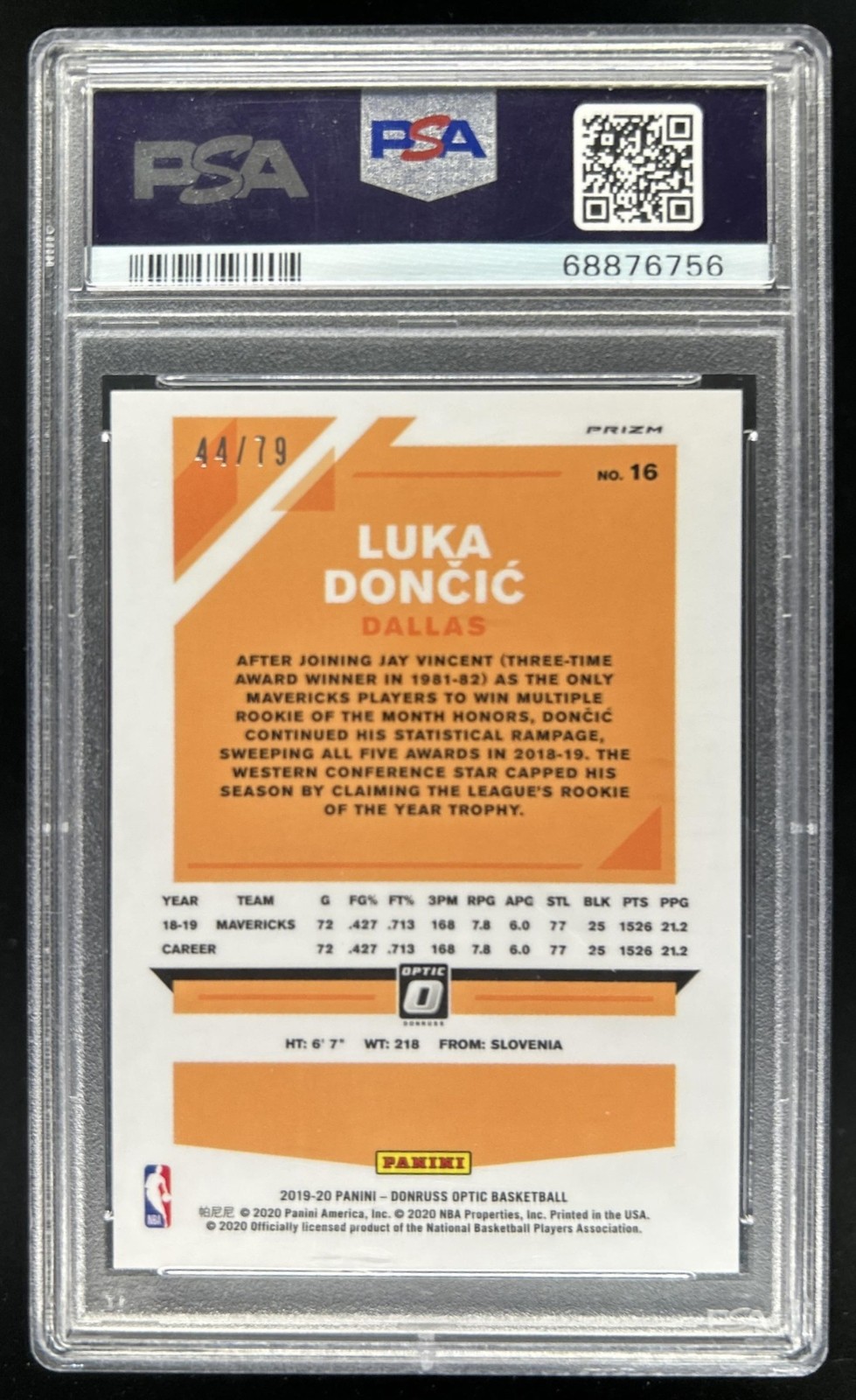 2019-20 Panini Donruss Optic Luka Doncic Pink Velocity #/79 Mavericks PSA 10 view 2
