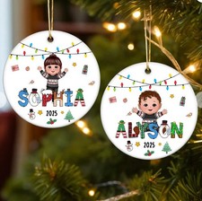 Christmas Theme Cute Doll Kid Name - Personalized Ceramic Ornament -