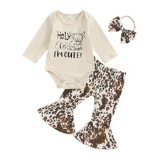 Western Baby Girl Fall Clothes Holy Cow I'm Cute Romper Bell Bottoms Flare Pa...