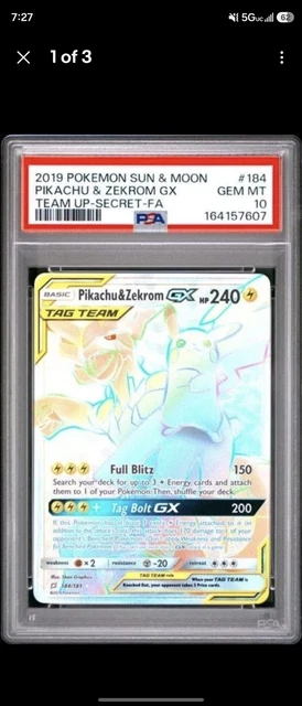 2019 POKEMON SUN & MOON TEAM UP SECRET #184 FULL ART/PIKACHU & ZEKROM GX PSA 10
