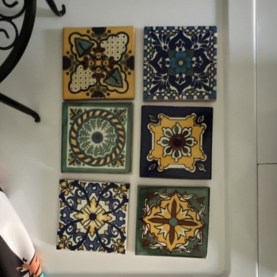 Multicolor Ceramic Square Coaster Set of 6, Art Deco, Non-Slip, Cork Backed