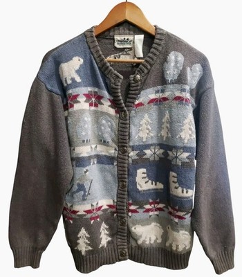 Vintage Northern Reflections Knit  Cardigan Women's L Winter Skating Polar Bears