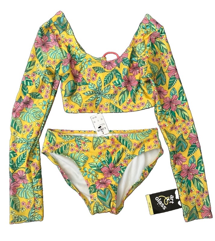 Art Class Yellow Floral Print 2 Piece Rash Guard Bikini Set Large (10/12) NWT