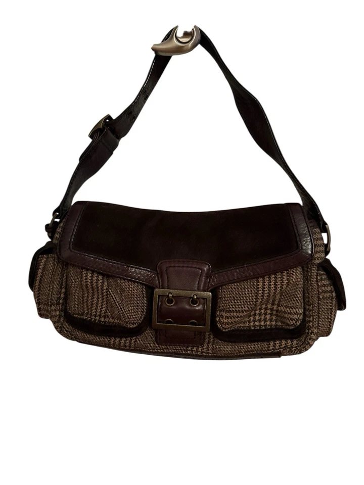 Mini Bolso de Hombro Banana Republic Marrón Tweed Gamuza Hebilla Solapa Estilo Foto 4 de 4