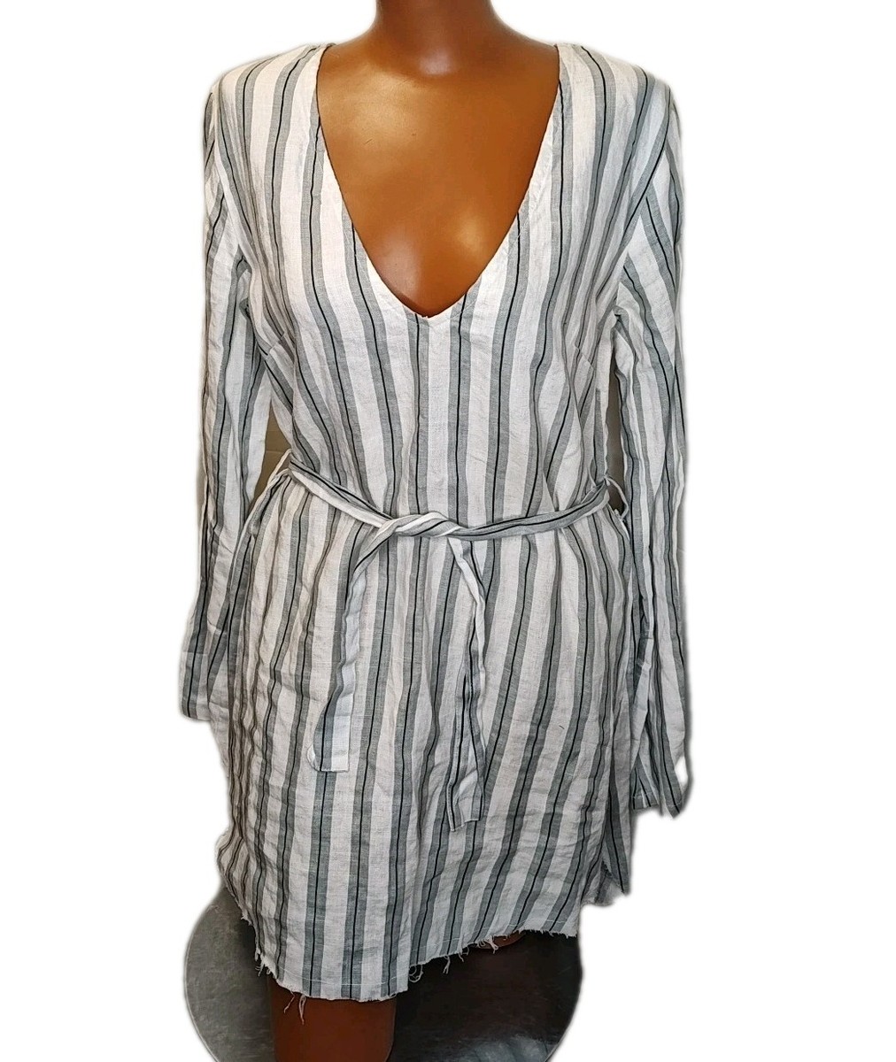 Faithfull Linen Tunic Dress 6 Cream Gray Striped Raw Hem Resort Cruise  Beach New | eBay