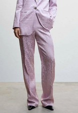 Mango UK 14 Pastel Lilac Polka Dot Straight Leg Satin Trousers High Waisted New