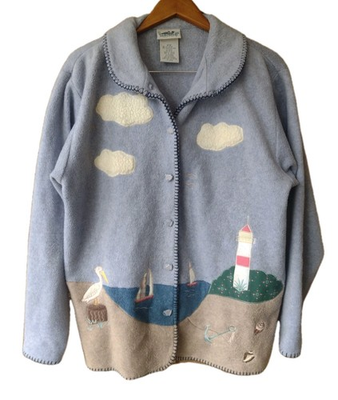 #ad Vintage 90s Northern Reflections Nautical Lighthouse Fleece Cardigan M Coastal $40.00